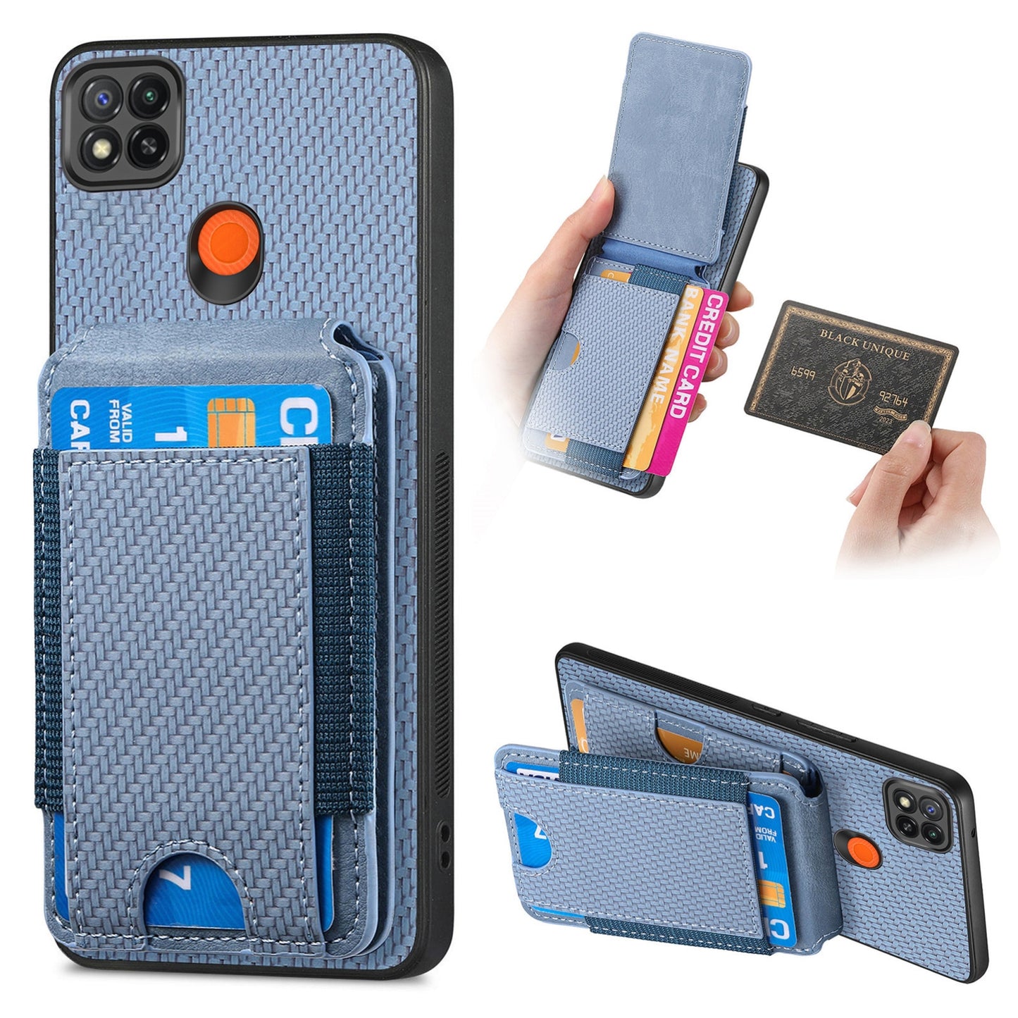 Xiaomi Redmi 9C Vertical Flip Wallet Stand Phone Case with Carbon Fibre Pattern
