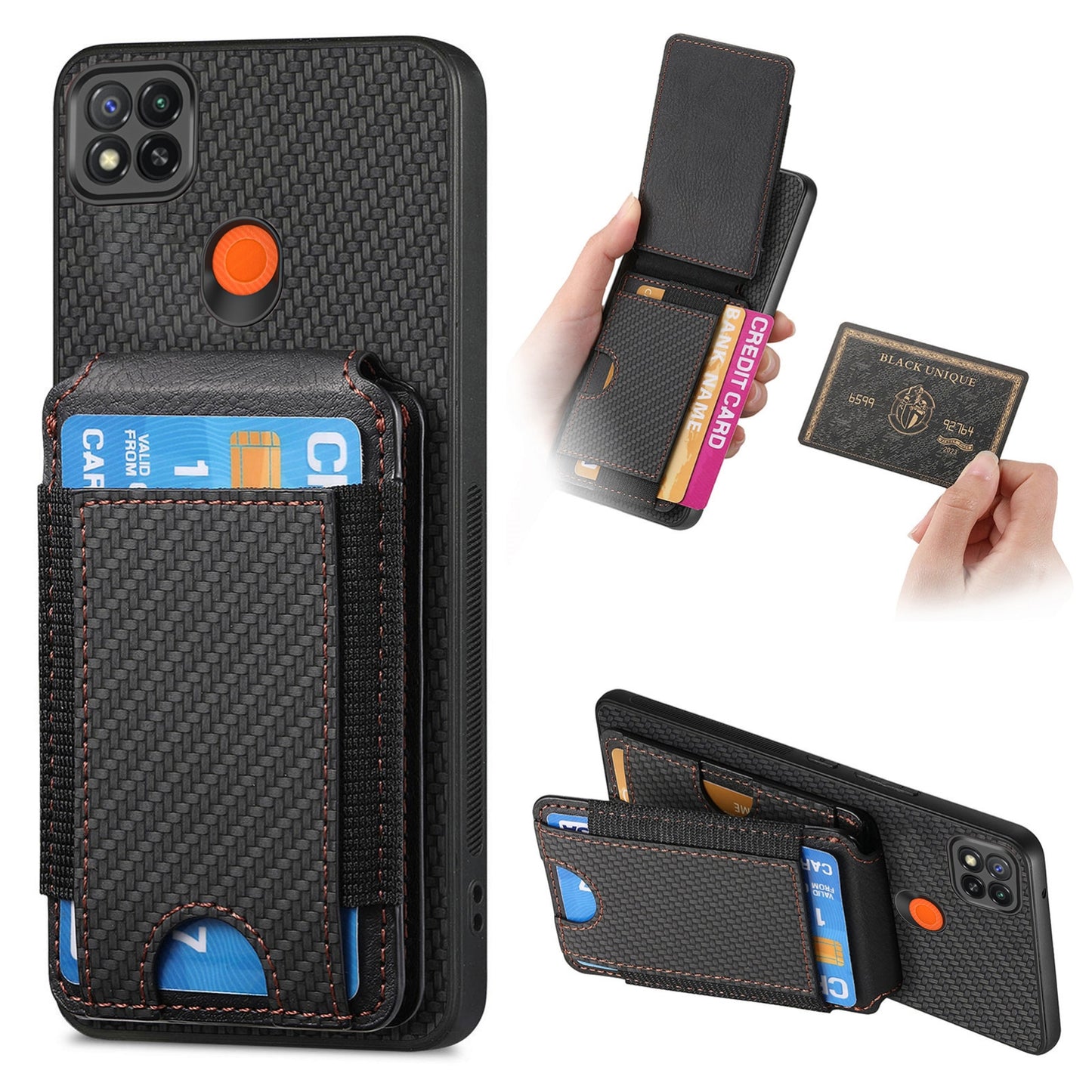 Xiaomi Redmi 9C Vertical Flip Wallet Stand Phone Case with Carbon Fibre Pattern