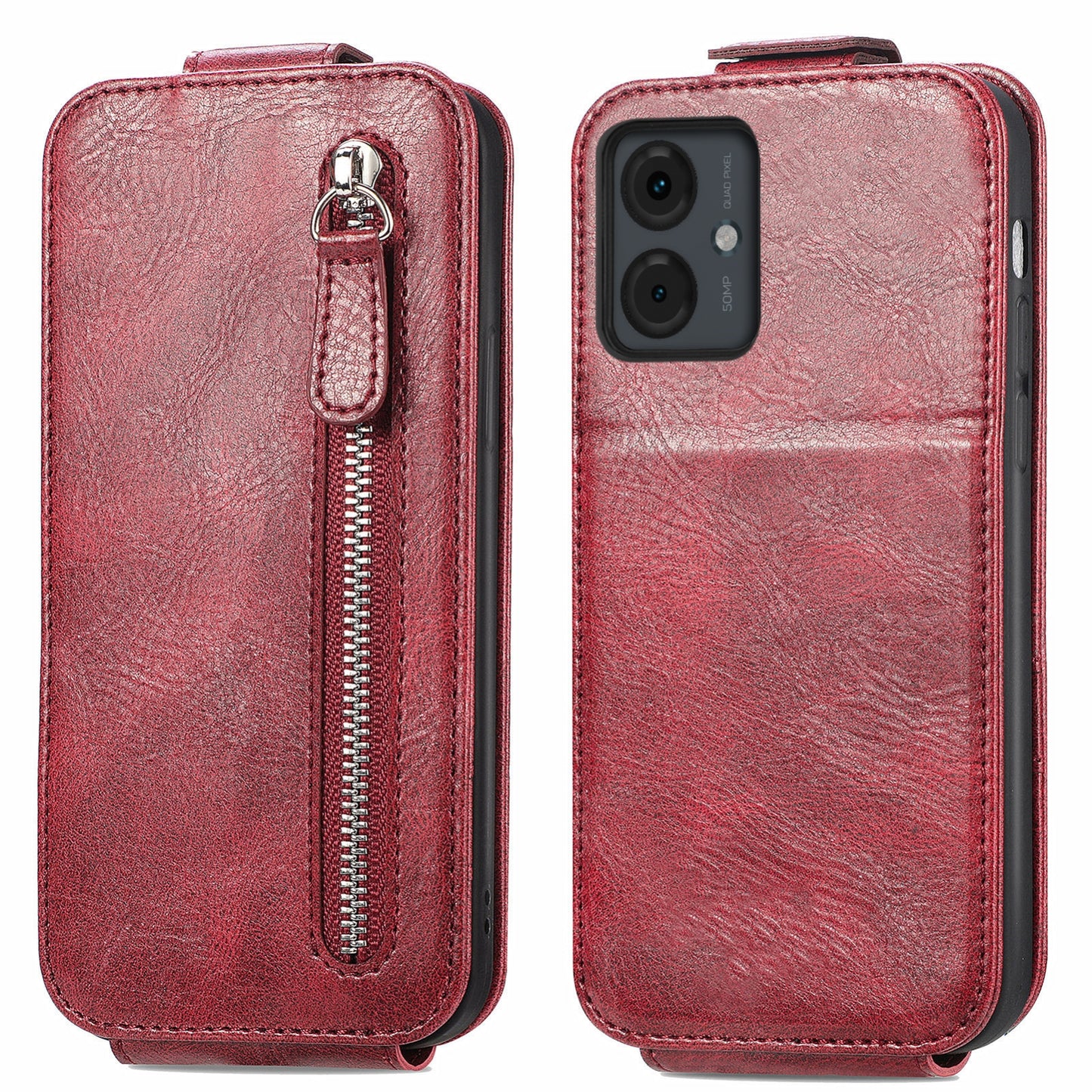 Motorola Moto G14 4G Zipper Wallet Case - Vertical Flip Leather Phone Cover with Multiple Card Slots and Stand