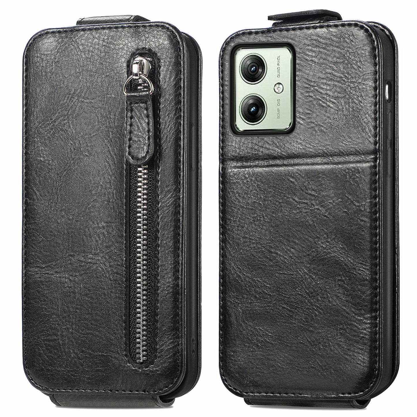 Motorola Moto G54 Zipper Wallet Case - Vertical Flip Leather Phone Cover with Multiple Card Slots and Stand