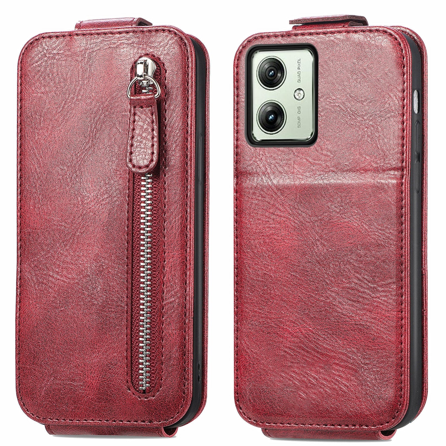 Motorola Moto G54 Zipper Wallet Case - Vertical Flip Leather Phone Cover with Multiple Card Slots and Stand