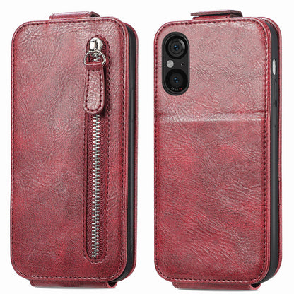 Sony Xperia 5 V Zipper Wallet Case - Vertical Flip Leather Phone Cover with Multiple Card Slots and Stand