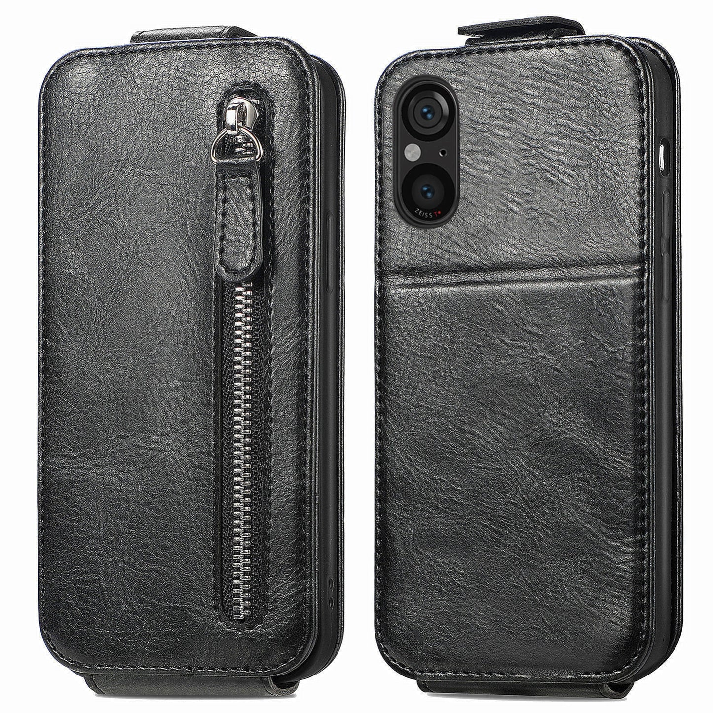 Sony Xperia 5 V Zipper Wallet Case - Vertical Flip Leather Phone Cover with Multiple Card Slots and Stand