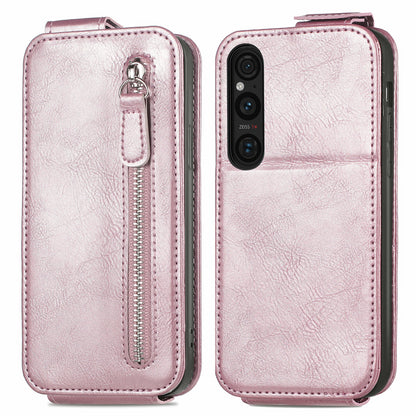 Sony Xperia 1 V Zipper Wallet Case - Vertical Flip Leather Phone Cover with Multiple Card Slots and Stand