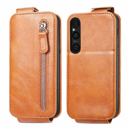 Sony Xperia 1 V Zipper Wallet Case - Vertical Flip Leather Phone Cover with Multiple Card Slots and Stand