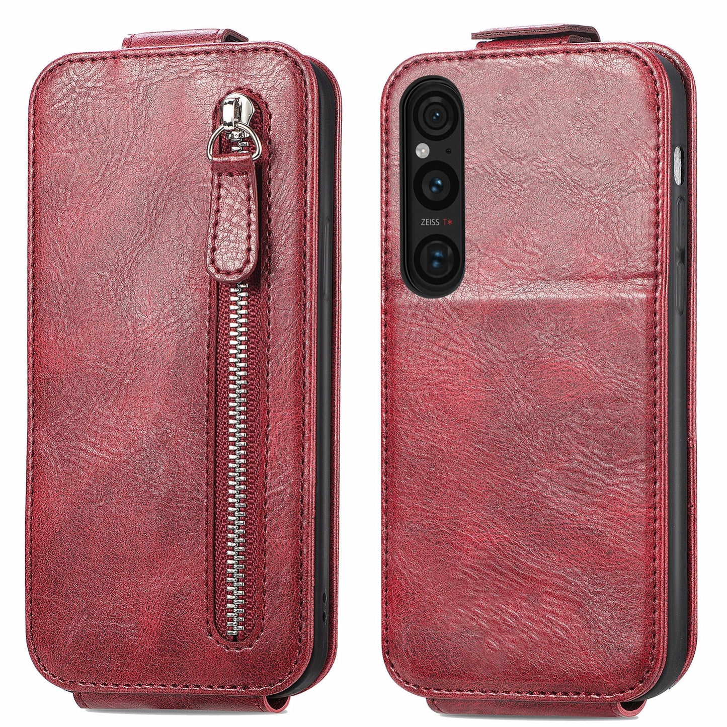 Sony Xperia 1 V Zipper Wallet Case - Vertical Flip Leather Phone Cover with Multiple Card Slots and Stand