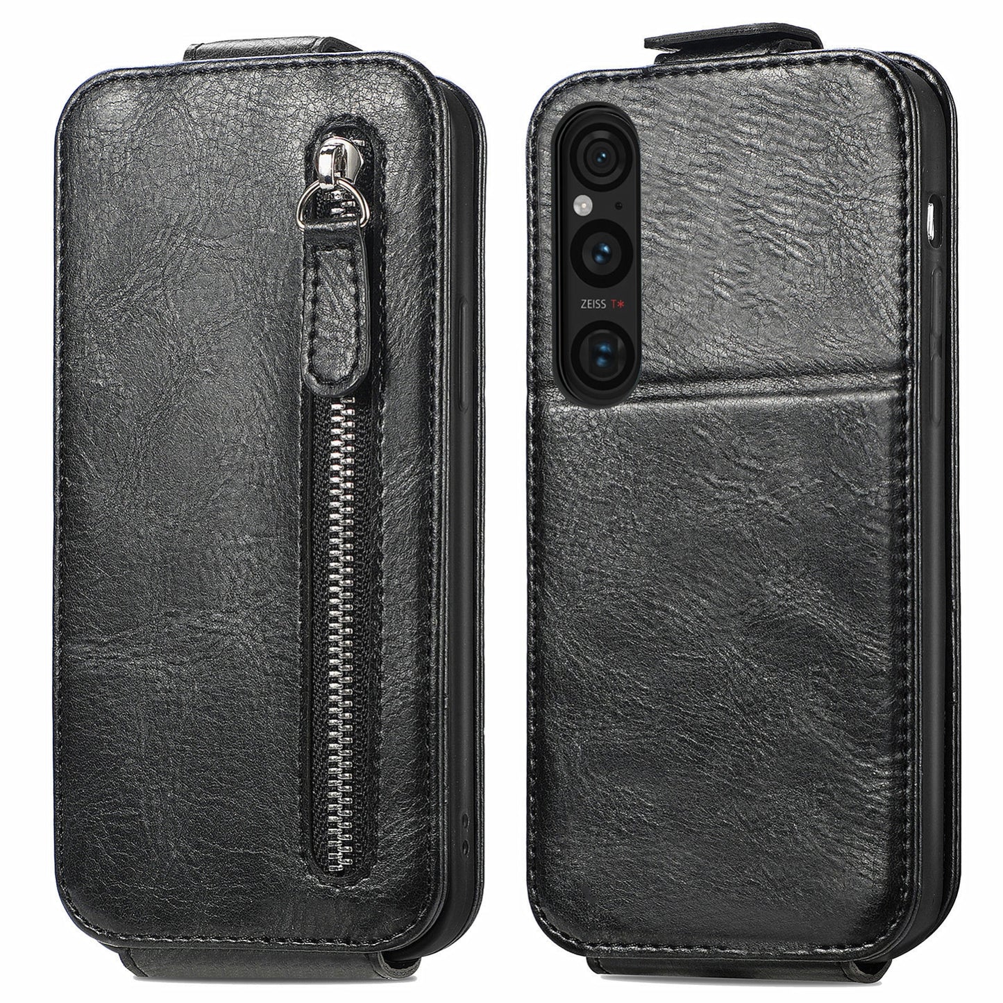 Sony Xperia 1 V Zipper Wallet Case - Vertical Flip Leather Phone Cover with Multiple Card Slots and Stand