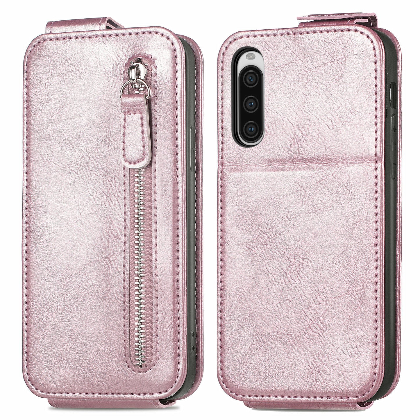 Sony Xperia 10 V Zipper Wallet Case - Vertical Flip Leather Phone Cover with Multiple Card Slots and Stand