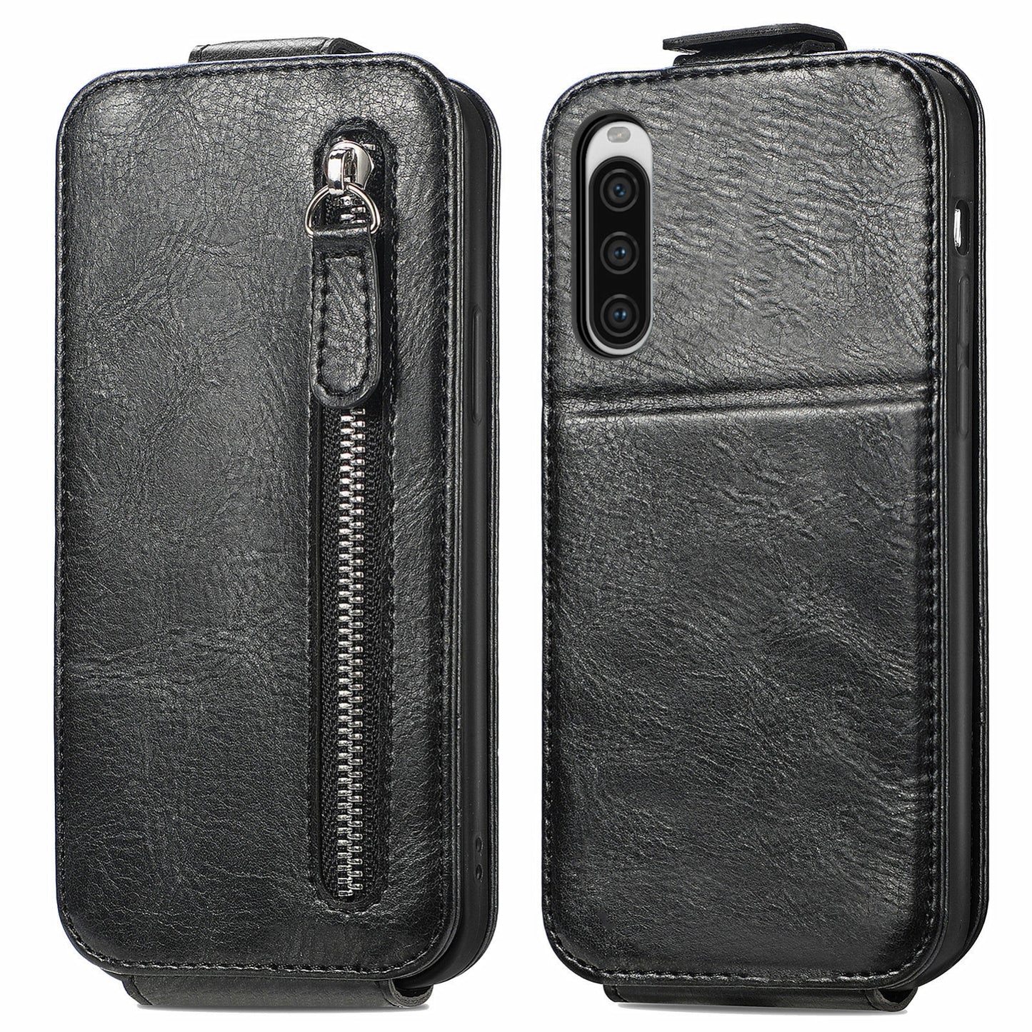 Sony Xperia 10 V Zipper Wallet Case - Vertical Flip Leather Phone Cover with Multiple Card Slots and Stand