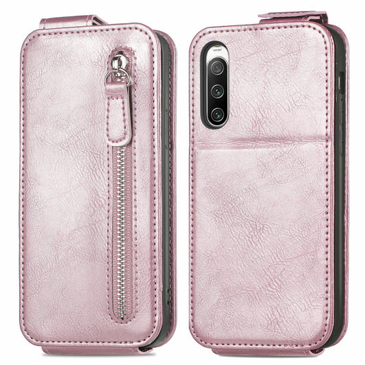 Sony Xperia 10 IV Zipper Wallet Case - Vertical Flip Leather Phone Cover with Multiple Card Slots and Stand