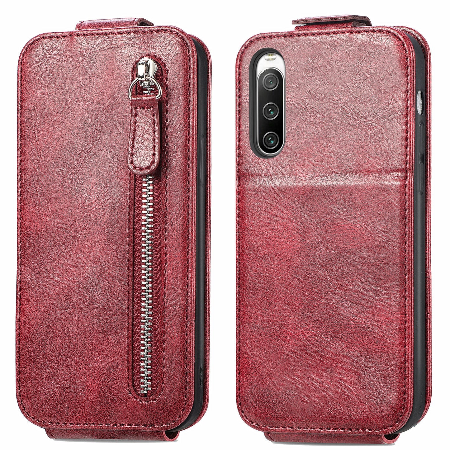 Sony Xperia 10 IV Zipper Wallet Case - Vertical Flip Leather Phone Cover with Multiple Card Slots and Stand