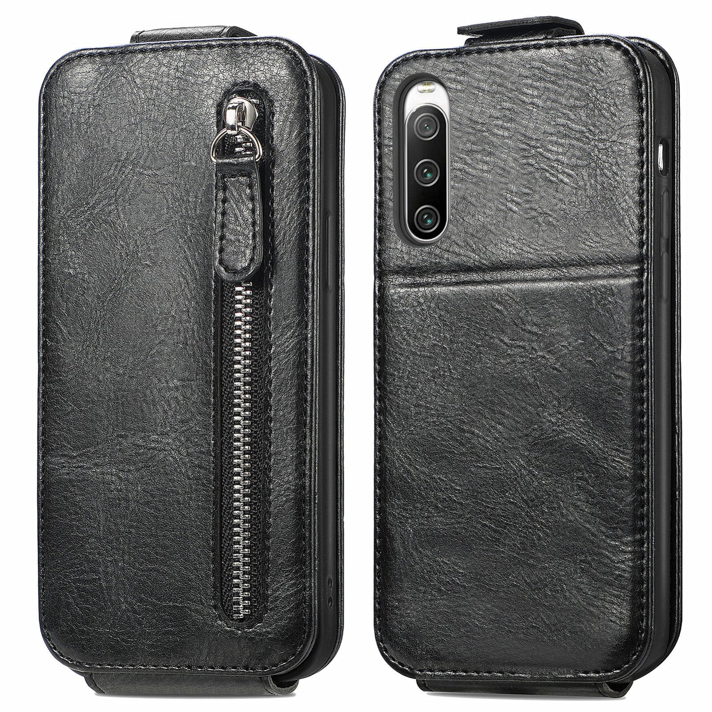 Sony Xperia 10 IV Zipper Wallet Case - Vertical Flip Leather Phone Cover with Multiple Card Slots and Stand