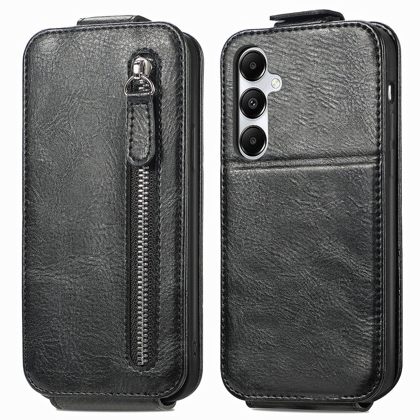 Samsung Galaxy A15 Zipper Wallet Case - Vertical Flip Leather Phone Cover with Multiple Card Slots and Stand