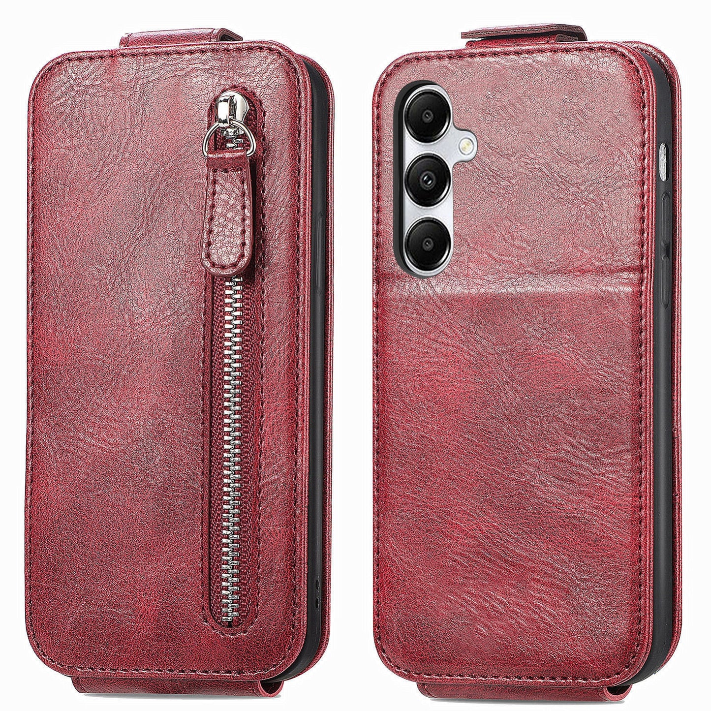 Samsung Galaxy A15 Zipper Wallet Case - Vertical Flip Leather Phone Cover with Multiple Card Slots and Stand
