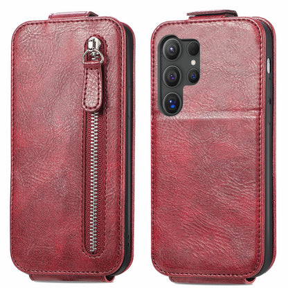 Samsung Galaxy S24 Ultra 5G Zipper Wallet Case - Vertical Flip Leather Phone Cover with Multiple Card Slots and Stand