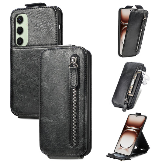 Samsung Galaxy S24 FE 5G Zipper Wallet Case - Vertical Flip Leather Phone Cover with Multiple Card Slots and Stand