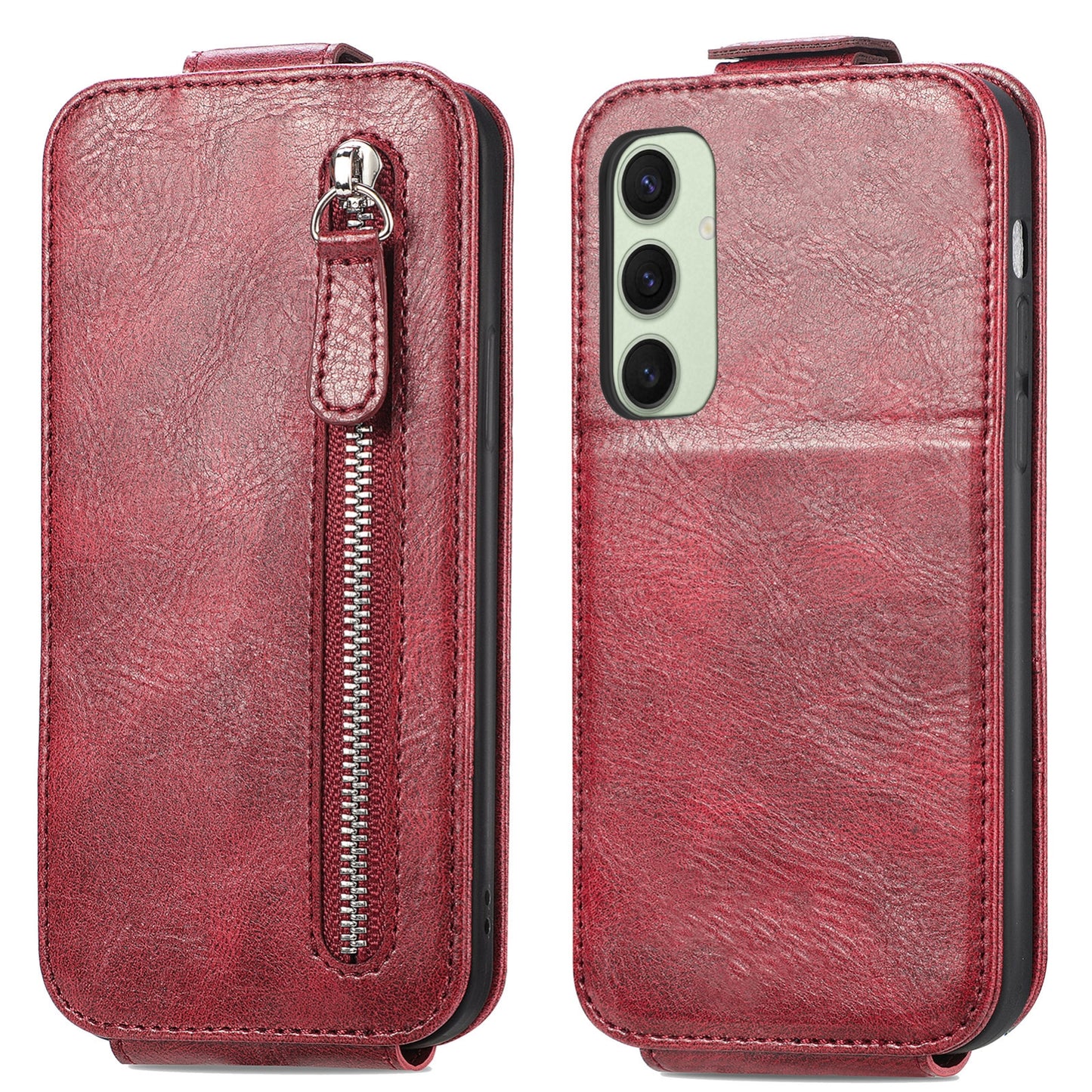 Samsung Galaxy S24 FE 5G Zipper Wallet Case - Vertical Flip Leather Phone Cover with Multiple Card Slots and Stand