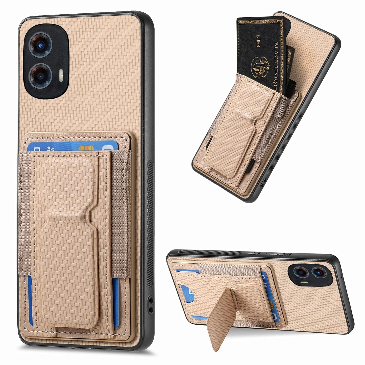 Motorola Moto G 5G 2024 4G Carbon Fiber Fold Stand Elastic Card Bag Phone Case with Multi-Functional Wallet