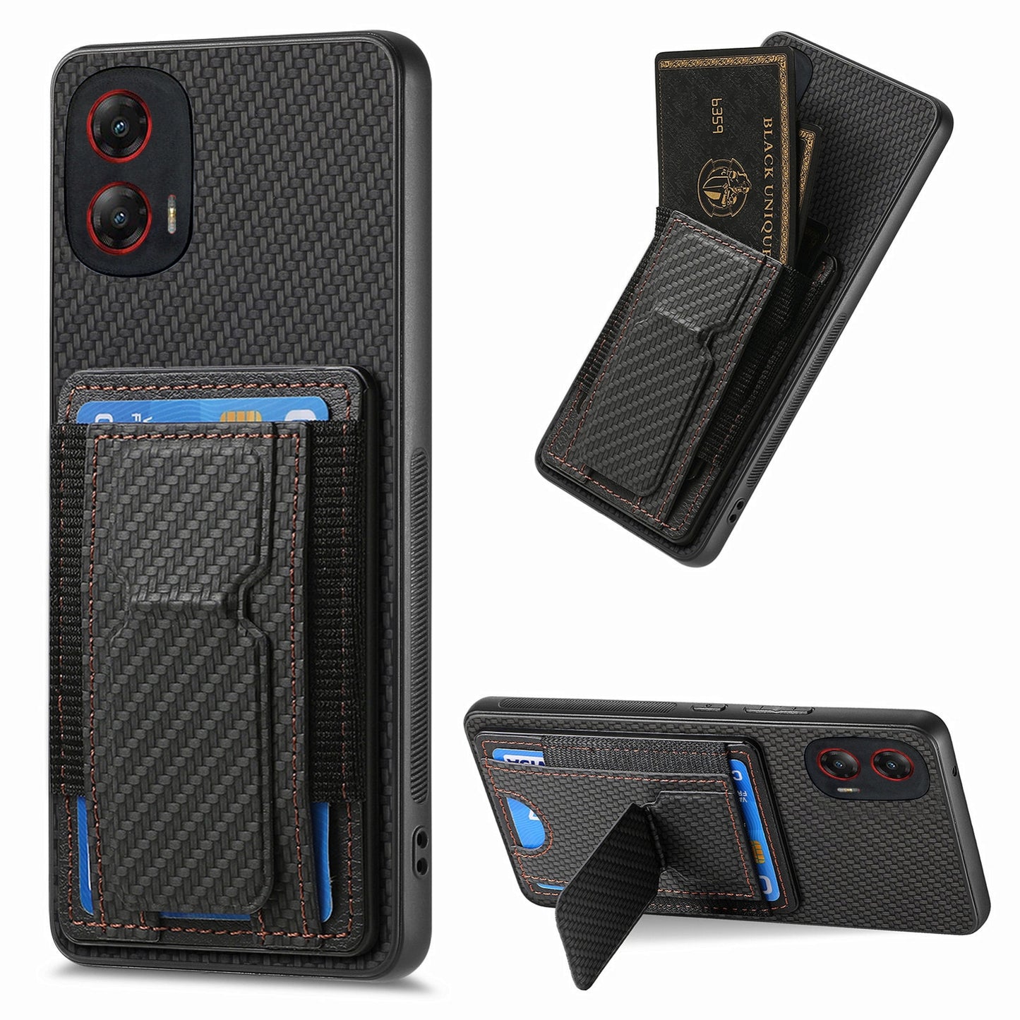 Motorola Moto G Stylus 5G 2024 Carbon Fiber Fold Stand Elastic Card Bag Phone Case with Multi-Functional Wallet