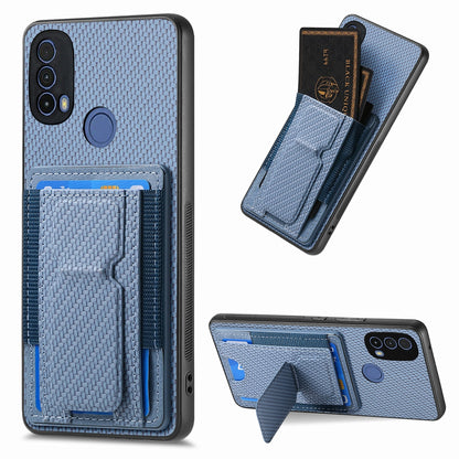 Motorola Moto E40 Carbon Fiber Fold Stand Elastic Card Bag Phone Case with Multi-Functional Wallet