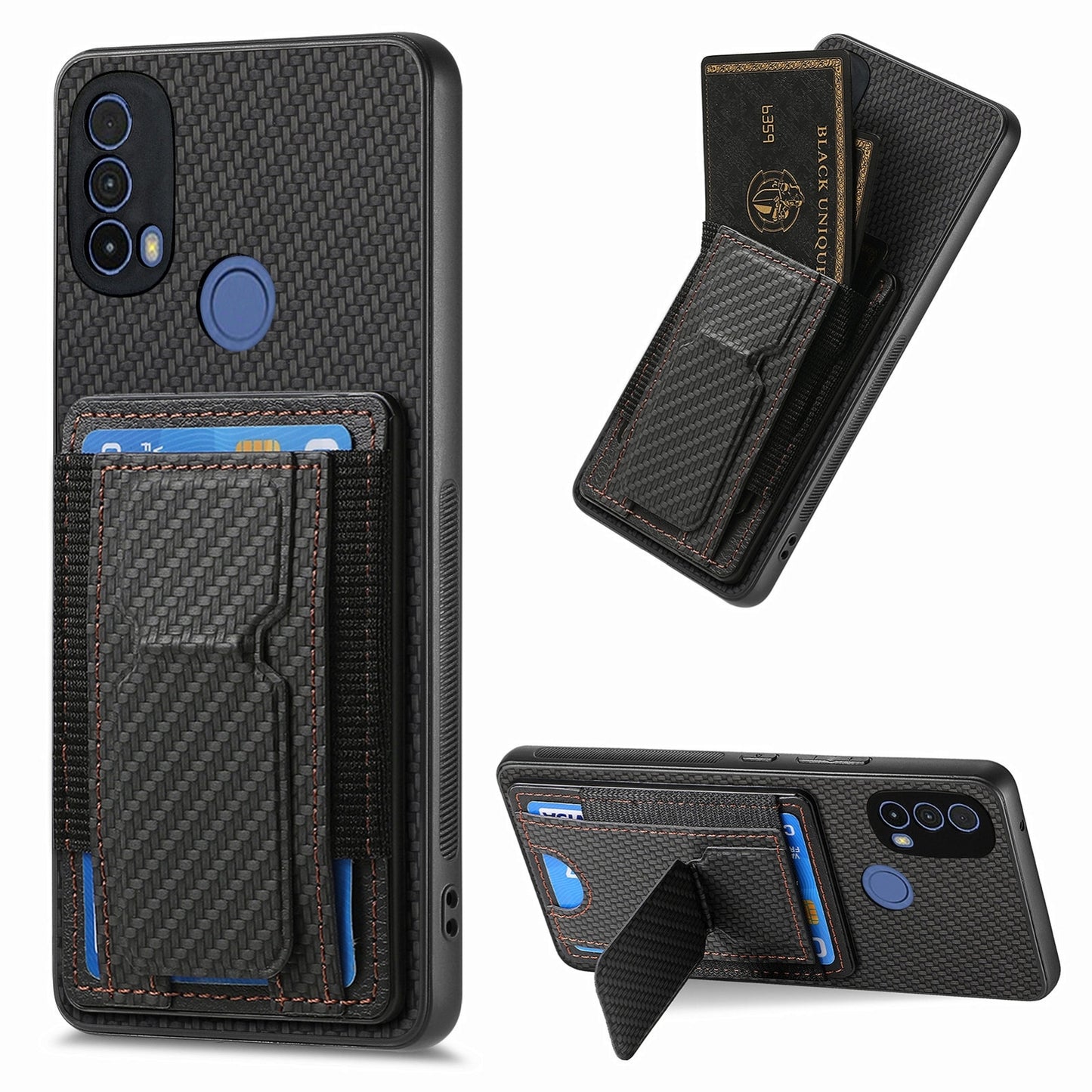 Motorola Moto E40 Carbon Fiber Fold Stand Elastic Card Bag Phone Case with Multi-Functional Wallet