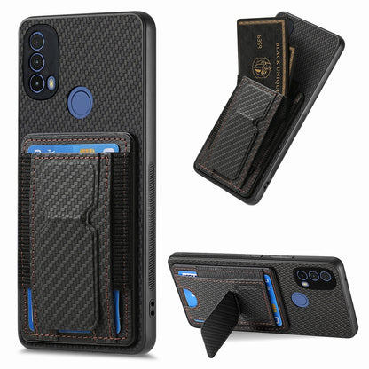Motorola Moto E40 Carbon Fiber Fold Stand Elastic Card Bag Phone Case with Multi-Functional Wallet