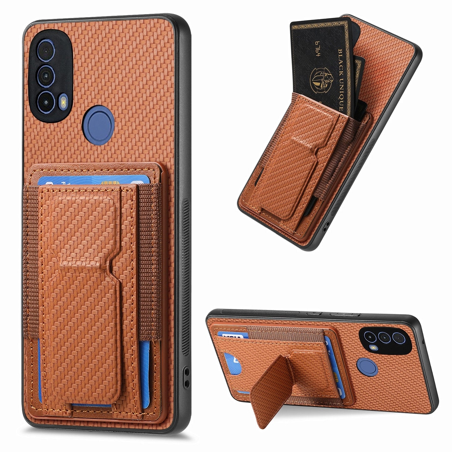 Motorola Moto E40 Carbon Fiber Fold Stand Elastic Card Bag Phone Case with Multi-Functional Wallet