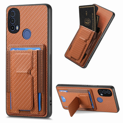 Motorola Moto E40 Carbon Fiber Fold Stand Elastic Card Bag Phone Case with Multi-Functional Wallet
