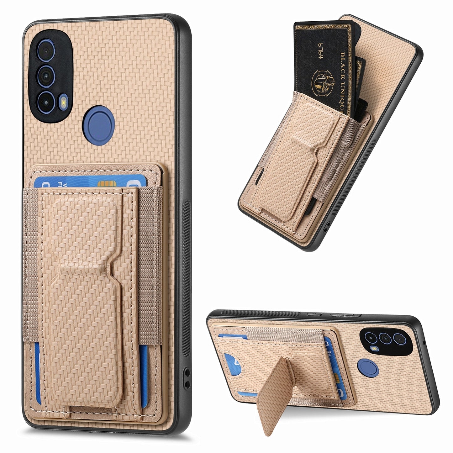 Motorola Moto E40 Carbon Fiber Fold Stand Elastic Card Bag Phone Case with Multi-Functional Wallet