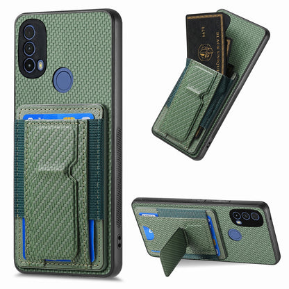 Motorola Moto E40 Carbon Fiber Fold Stand Elastic Card Bag Phone Case with Multi-Functional Wallet