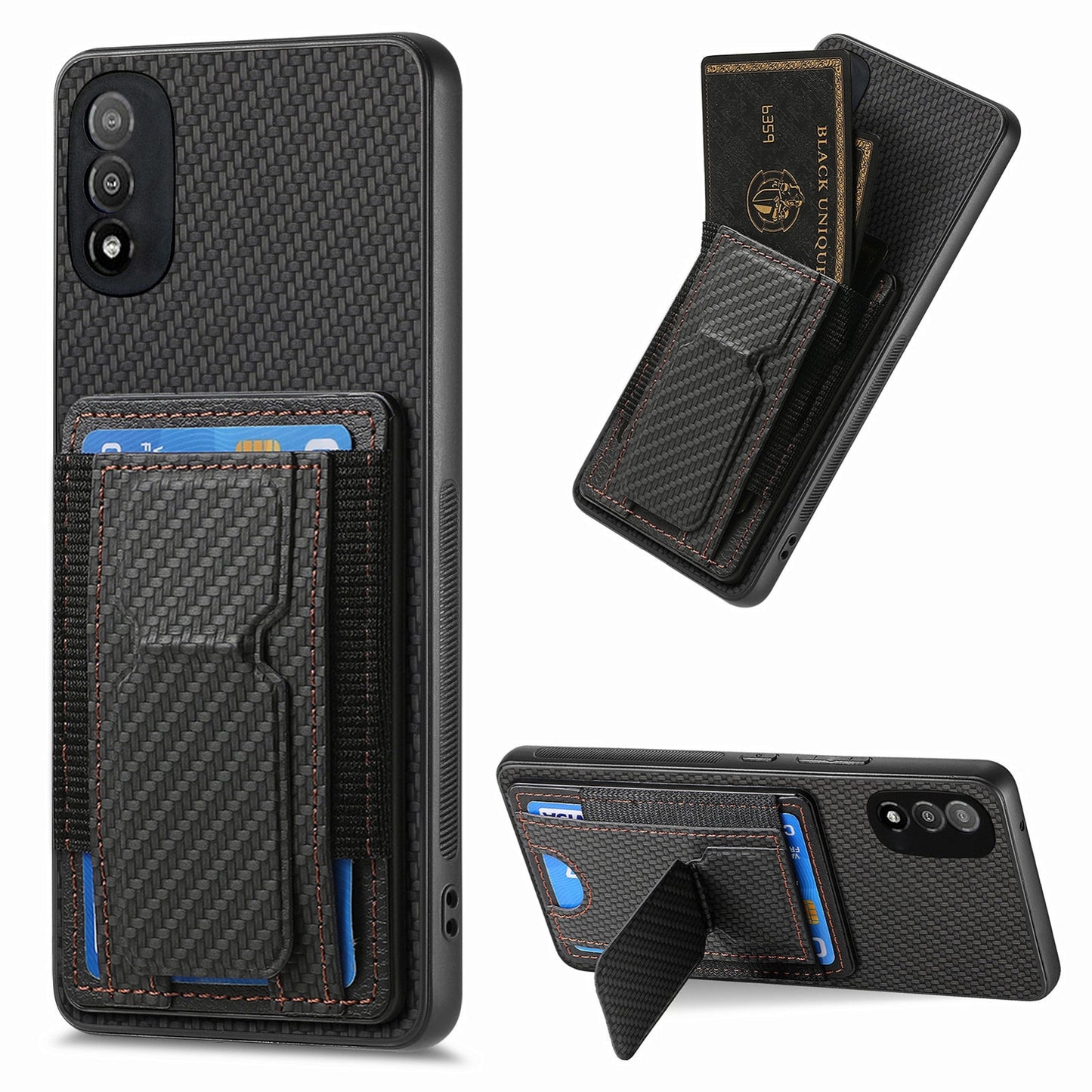 Motorola Moto E20/E30 Carbon Fiber Fold Stand Elastic Card Bag Phone Case with Multi-Functional Wallet