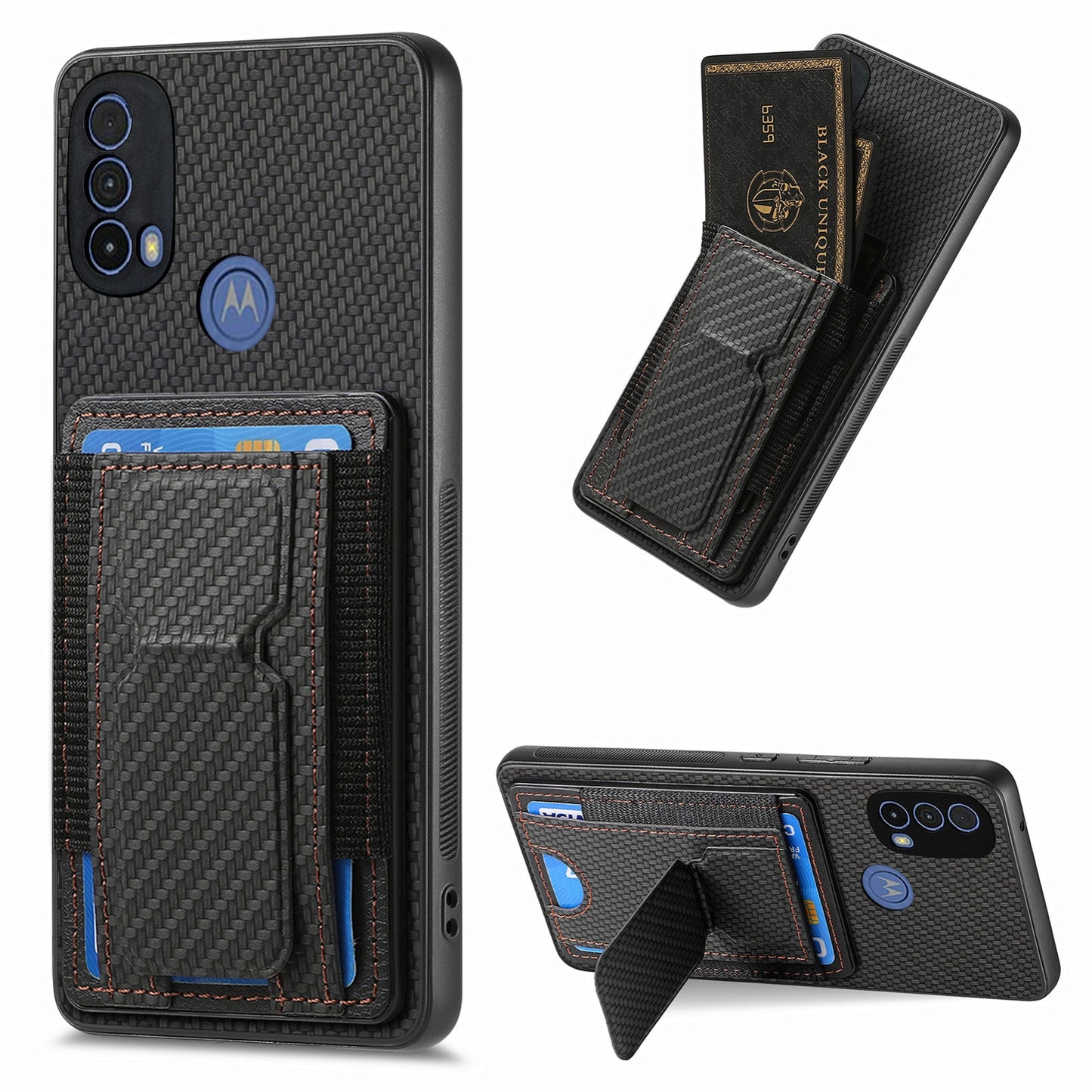 Motorola Moto E20/E30 Carbon Fiber Fold Stand Elastic Card Bag Phone Case with Multi-Functional Wallet