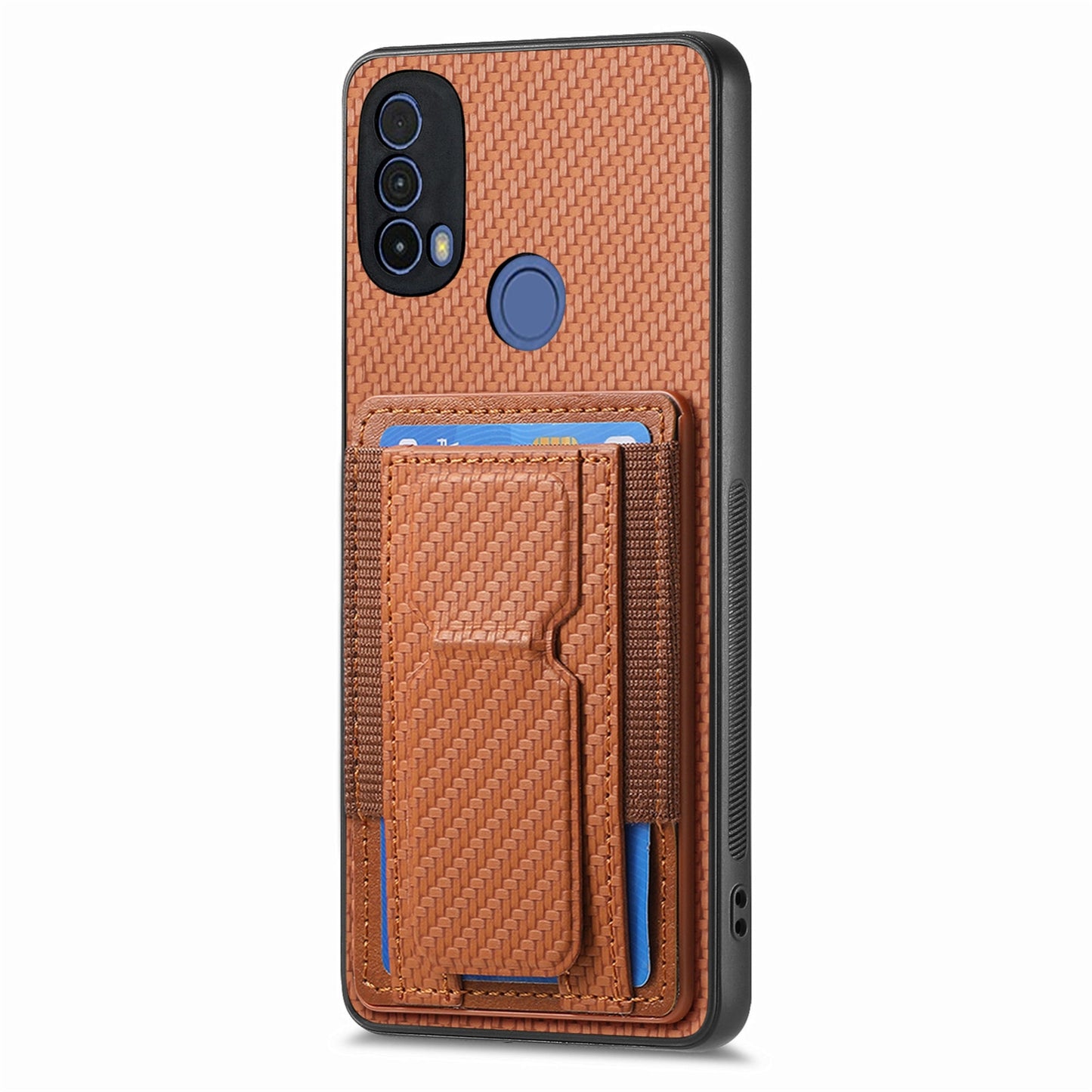 Motorola Moto E20/E30 Carbon Fiber Fold Stand Elastic Card Bag Phone Case with Multi-Functional Wallet