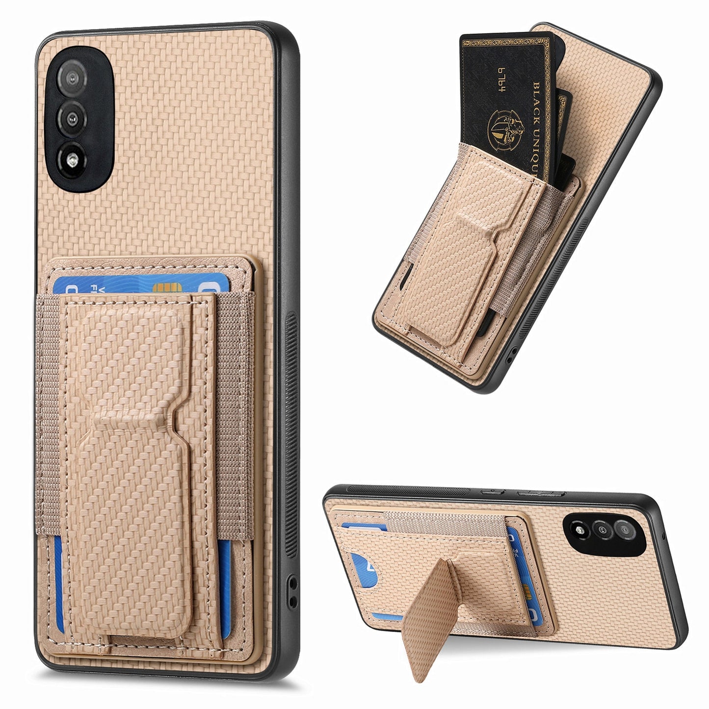 Motorola Moto E20/E30 Carbon Fiber Fold Stand Elastic Card Bag Phone Case with Multi-Functional Wallet