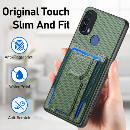 Motorola Moto E20/E30 Carbon Fiber Fold Stand Elastic Card Bag Phone Case with Multi-Functional Wallet