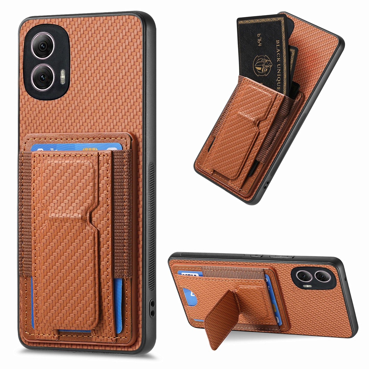Motorola Moto G Power 5G 2024 Carbon Fiber Fold Stand Elastic Card Bag Phone Case with Multi-Functional Wallet