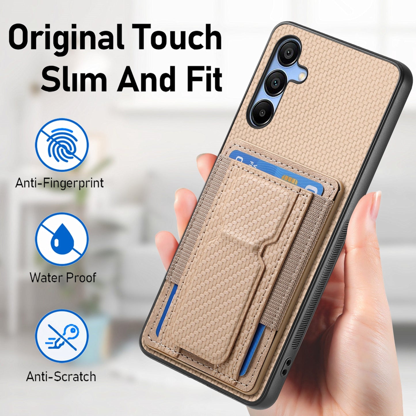Samsung Galaxy A15 Carbon Fiber Fold Stand Elastic Card Bag Phone Case with Multi-Functional Wallet