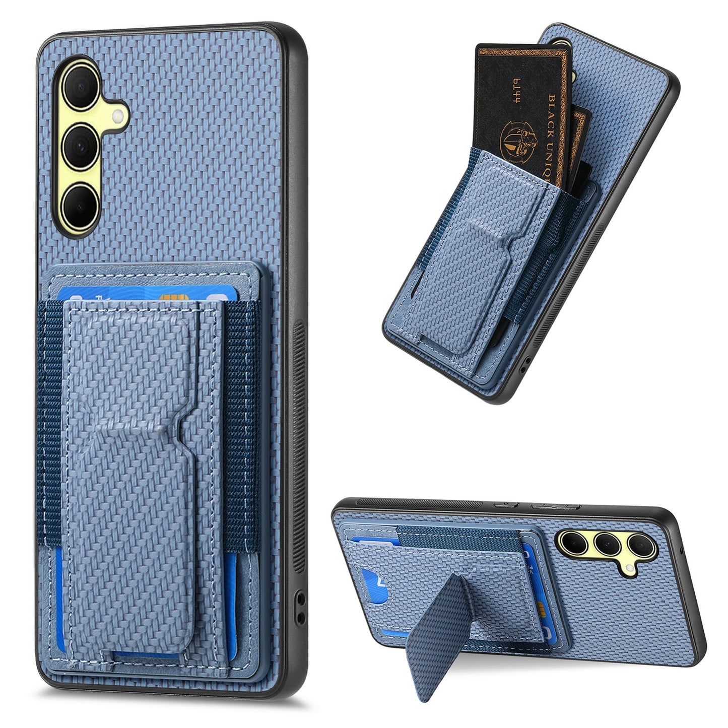 Samsung Galaxy A35 5G Carbon Fiber Fold Stand Elastic Card Bag Phone Case with Multi-Functional Wallet