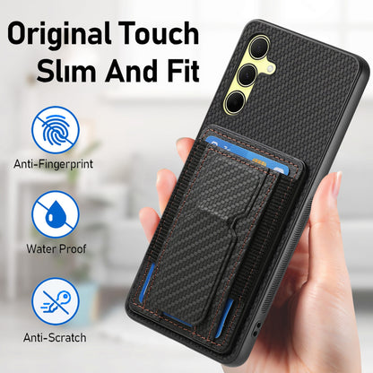 Samsung Galaxy A35 5G Carbon Fiber Fold Stand Elastic Card Bag Phone Case with Multi-Functional Wallet
