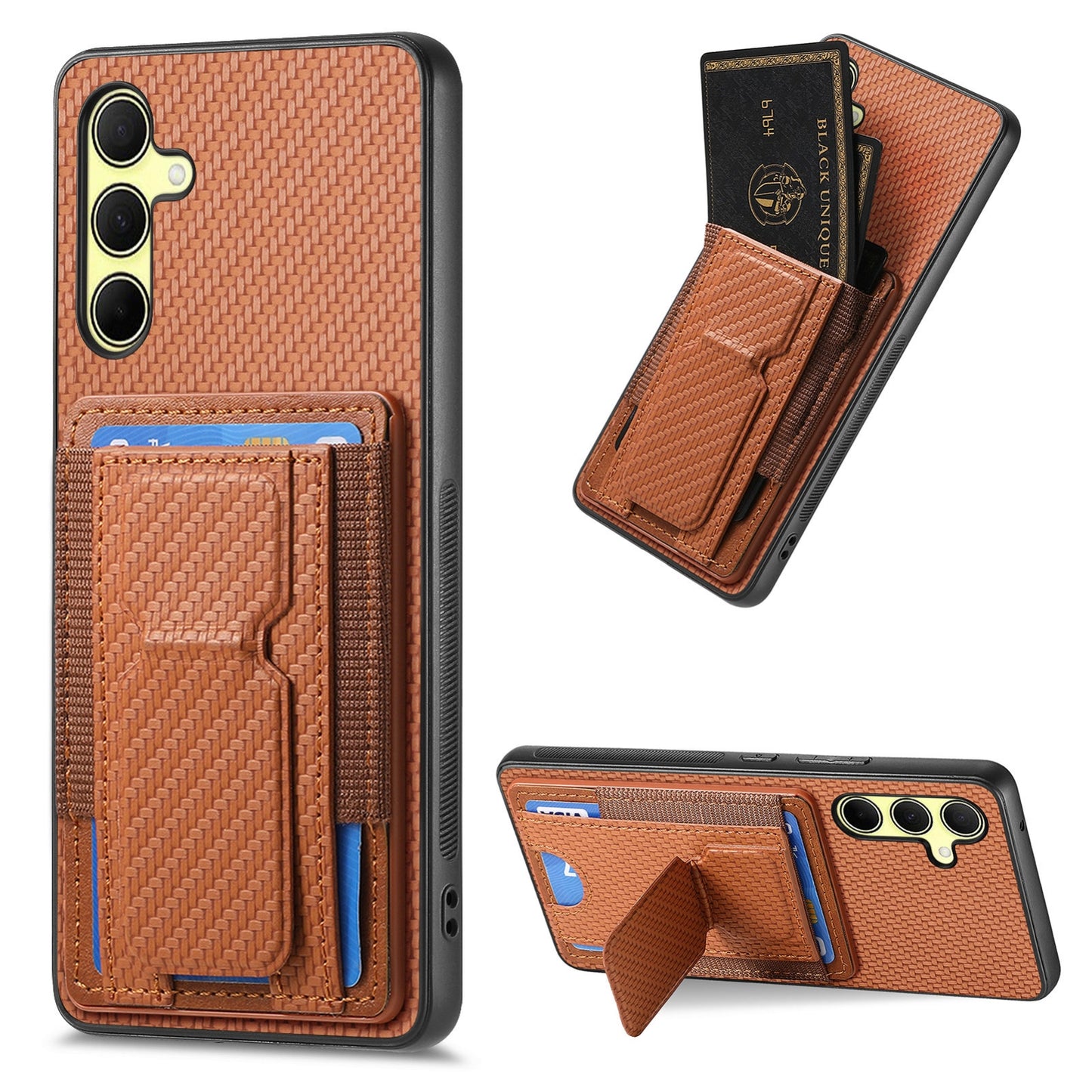 Samsung Galaxy A35 5G Carbon Fiber Fold Stand Elastic Card Bag Phone Case with Multi-Functional Wallet