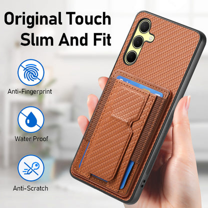 Samsung Galaxy A35 5G Carbon Fiber Fold Stand Elastic Card Bag Phone Case with Multi-Functional Wallet