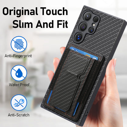 Samsung Galaxy S24 Ultra 5G Carbon Fiber Fold Stand Elastic Card Bag Phone Case with Multi-Functional Wallet