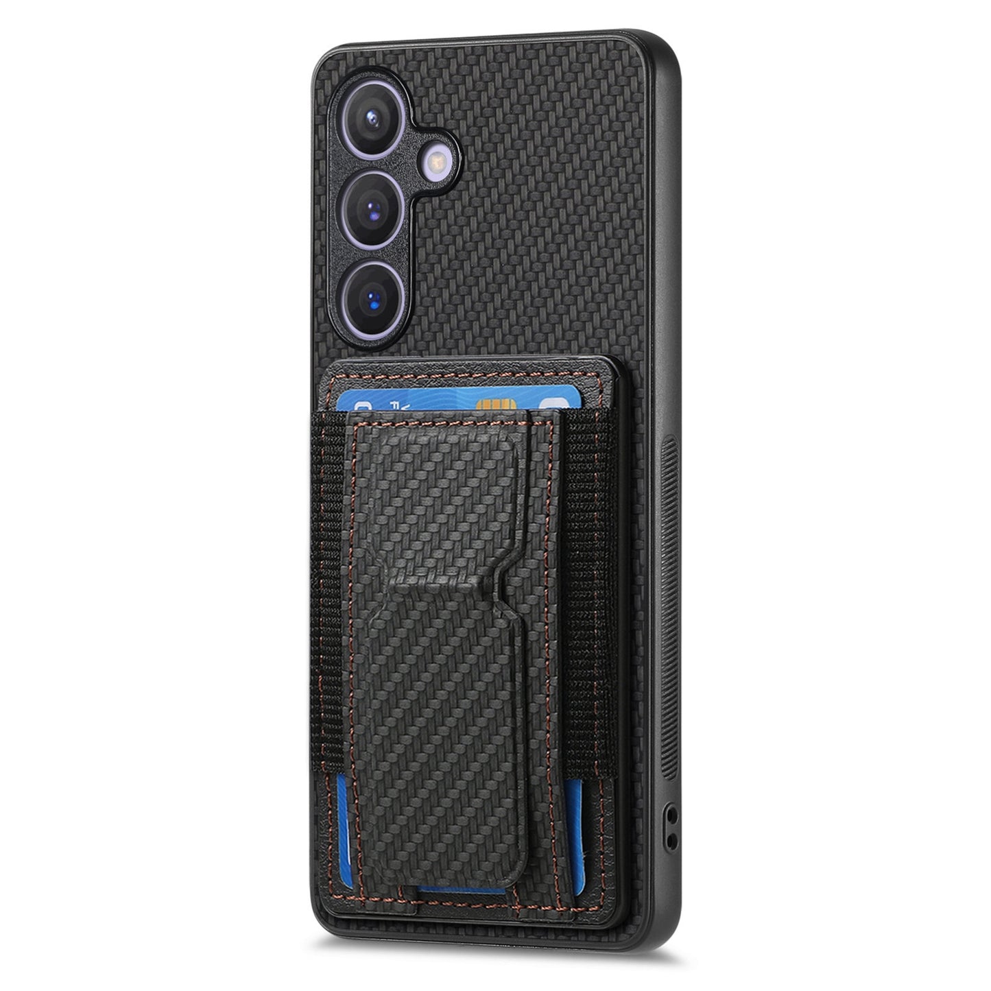 Samsung Galaxy S24+ 5G Carbon Fiber Fold Stand Elastic Card Bag Phone Case with Multi-Functional Wallet