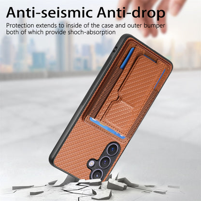 Samsung Galaxy S24+ 5G Carbon Fiber Fold Stand Elastic Card Bag Phone Case with Multi-Functional Wallet