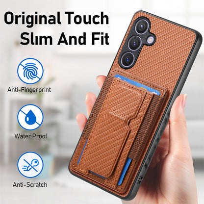 Samsung Galaxy S24+ 5G Carbon Fiber Fold Stand Elastic Card Bag Phone Case with Multi-Functional Wallet