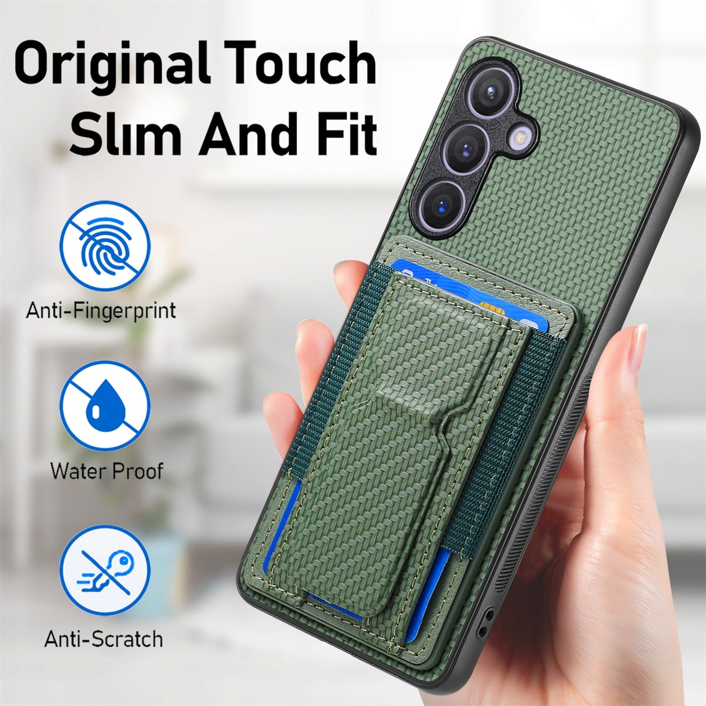 Samsung Galaxy S24+ 5G Carbon Fiber Fold Stand Elastic Card Bag Phone Case with Multi-Functional Wallet