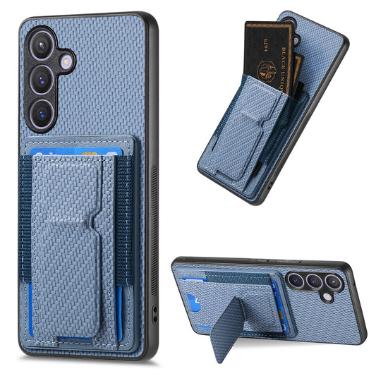 Samsung Galaxy S24 5G Carbon Fiber Fold Stand Elastic Card Bag Phone Case with Multi-Functional Wallet