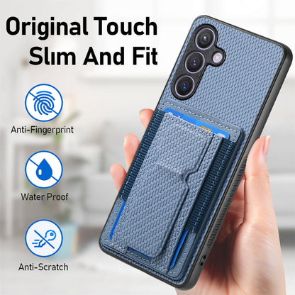 Samsung Galaxy S24 5G Carbon Fiber Fold Stand Elastic Card Bag Phone Case with Multi-Functional Wallet