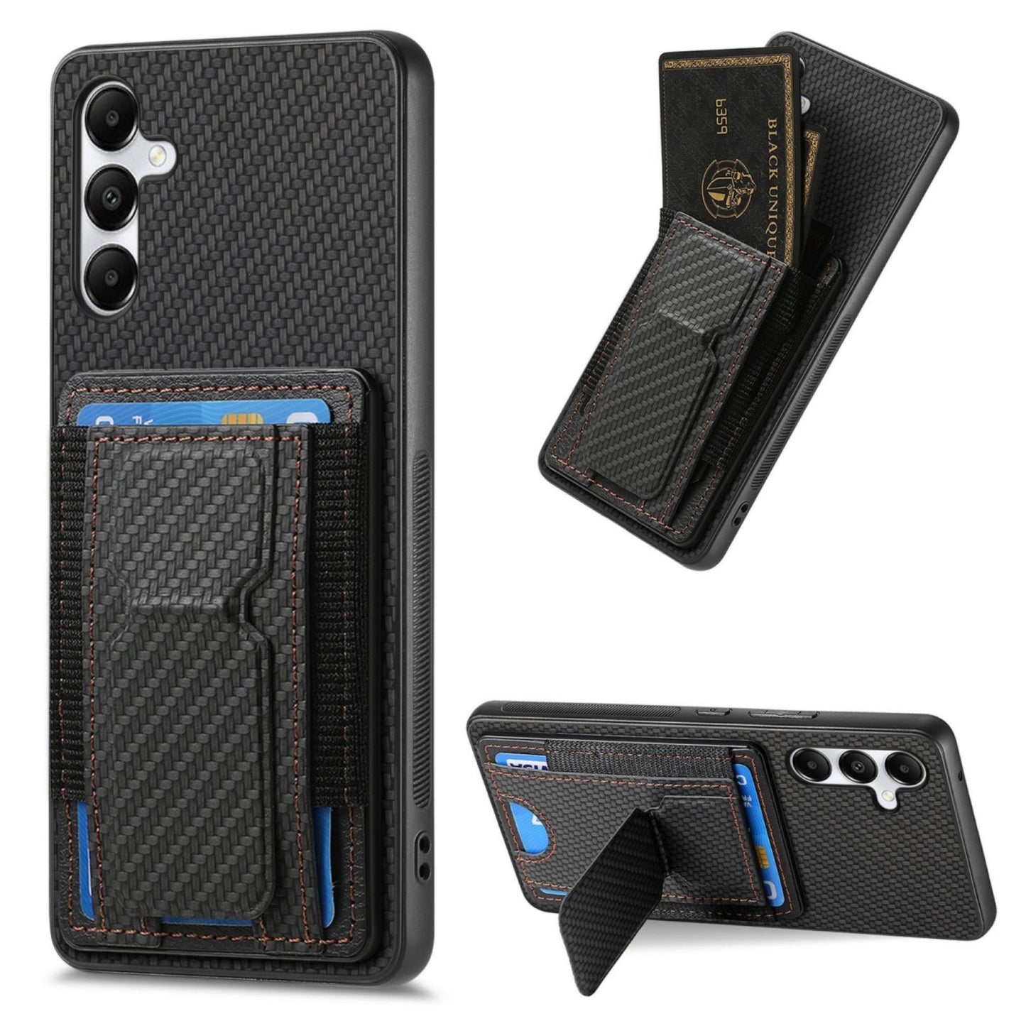 Samsung Galaxy A05s Carbon Fiber Fold Stand Elastic Card Bag Phone Case with Multi-Functional Wallet