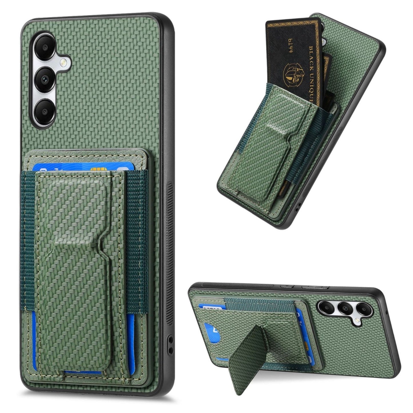 Samsung Galaxy A05s Carbon Fiber Fold Stand Elastic Card Bag Phone Case with Multi-Functional Wallet